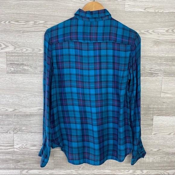 American Eagle Blue Plaid Button Down Blouse - Picture 3 of 6
